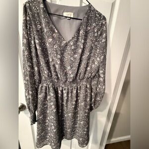 LOFT Charcoal and Pink Floral V-Neck Dress